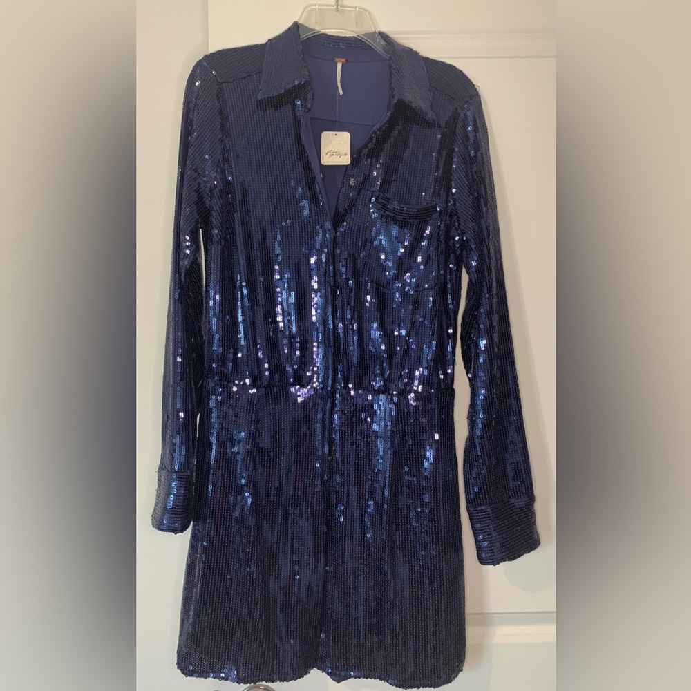 NWT: Free People Navy Sequin Long Sleeve Dress
